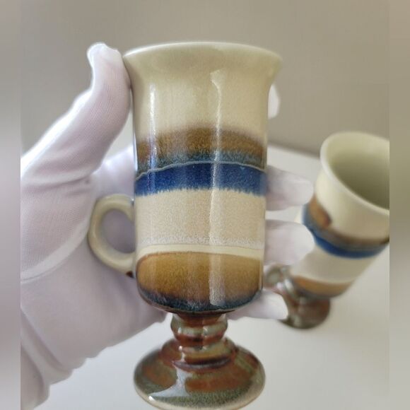Vintage Otagiri Irish Coffee Mugs Pedestal Blue Beige Set of 2 1049 A - Picture 10 of 12
